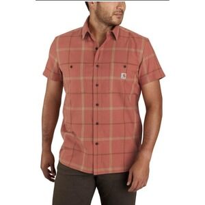 Carhartt Rugged Flex Orange Plaid Short Sleeve Relaxed Fit Shirt Mens LG Sporty
